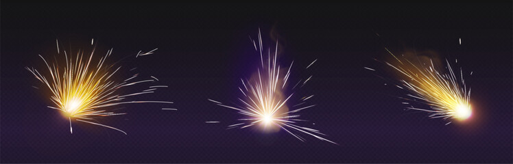 Poster - Yellow sparkling light effects set isolated on transparent background. Vector realistic illustration of bright burning firework, welding fire, holiday party, birthday celebration, festival firecracker