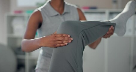 Canvas Print - Physiotherapist, rehabilitation and knee of injured man in clinic for wellness, physiotherapy and exercise. Employee, massage and stretching legs with mobility, accident or muscle pain for health