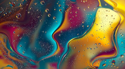 Poster - Colorful abstract liquid art with bubbles and vibrant swirls of blue, orange, and yellow.