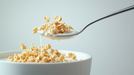 A spoon scooping a portion of cereal from a bowl filled with milk, against a simple white background, highlighting the texture and freshness of the grains.