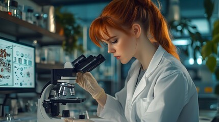 Poster - Red-Haired Scientist Examining Specimen Under Microscope in Laboratory
