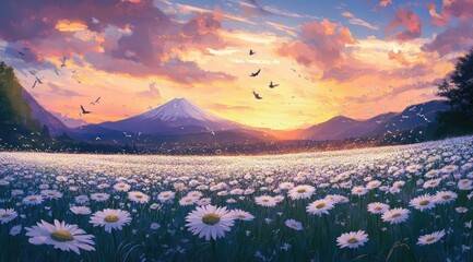 A large field of white daisies, a sunset scene with Mount Fuji in the background, framed by a wooden frame, birds flying overhead,