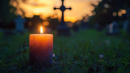 A lit candle in a cemetery at dusk with a cross in the background, evoking feelings of remembrance, mourning, and peace