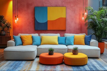 Wall Mural -  Minimalist interior design of modern living room with sofa with colorful pillows. 