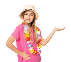 Beautiful girl in straw hat and summer clothing showing product with hand standing over transparent background. Advertisement concept.