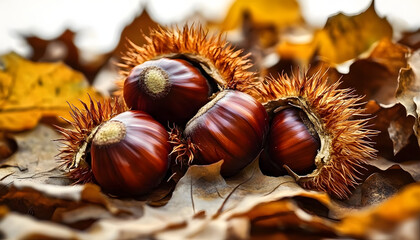 ripe chestnuts in burr with dry leaves close up lok key picture taken in a wood in autumn