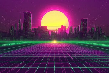 Wall Mural - A Neon Retro Cityscape with a Sunset and Gridded Ground