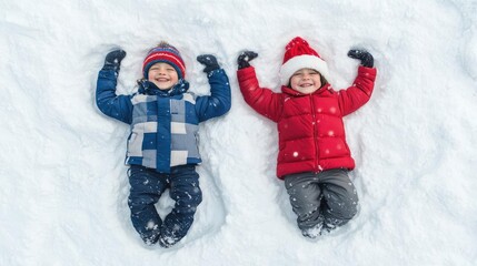 Children making snow angels in fresh snow, DIY holiday fun, warm winter clothes, joyful expressions, outdoor entertainment, festive Christmas activity