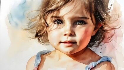 Charming watercolor portrait of a young girl with playful expressions and vibrant colors