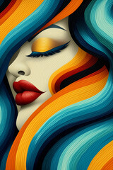 Wall Mural - A woman with long, colorful hair and red lipstick. The hair is in a wave and the colors are blue, orange, and yellow. The woman is sleeping or resting