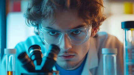 Poster - a close-up of a scientist examining a sample through a microscope