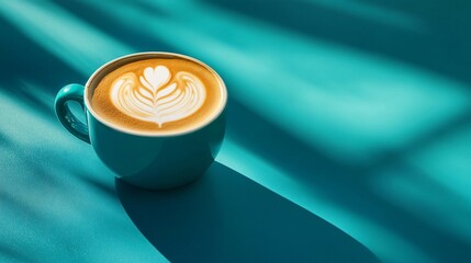 Wall Mural - Blue cup of cappuccino with latte art on a teal background.