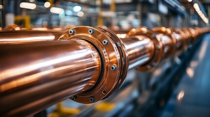 Wall Mural - The newly installed copper pipes in modern industrial factories showcase clean high-tech processes. Highlight its perfect state and precision manufacturing process.