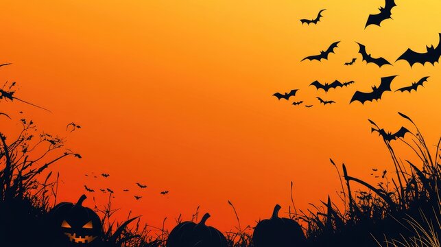 Halloween background with a spooky pumpkin patch, bats flying overhead. Wide open area in the sky for text. No logo.