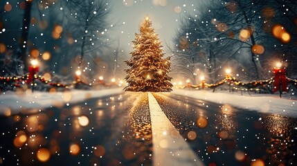 Aufkleber - Christmas, a festively decorated road and a Christmas tree. Generative AI.