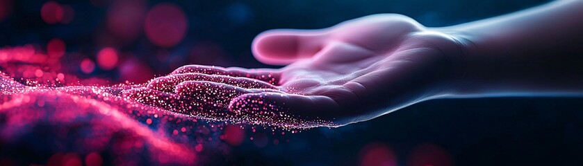 Canvas Print - Hand Reaching Out to Glowing Particles.