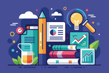 Poster - A vibrant illustration features research materials including books, charts, a pen, and a lightbulb, Customizable semi-flat illustration for research paper.