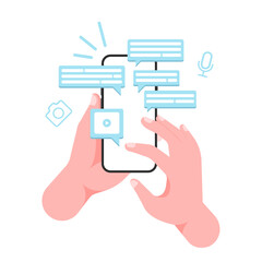 Poster - Hands Holding a Smartphone: Finger Typing Messages and Chatting with Chat Bubbles on Screen for Engaging Social Messaging Communication - Vector Illustration