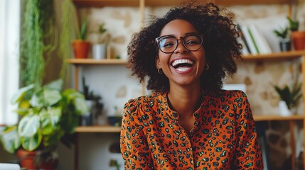 Sticker - A joyful woman with curly hair and glasses smiles brightly in a cozy, plant-filled setting.