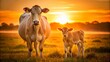 © KDance - A cow and her calf stand together in a sunlit field at sunset, surrounded by golden grasses and a serene, warm atmosphere.
