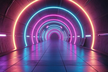 Wall Mural - Neon Lit Tunnel with Circular Lights and Tiled Floor