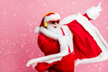 Sticker - Photo crazy funky cool bearded santa claus enjoy listen headphone stereo x-mas christmas music dance raise finger wear sunglass headwear suspenders isolated pastel color background