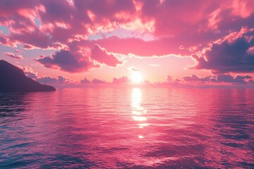 Wall Mural - Pink Sunset Over a Calm Sea with a Silhouette of a Distant Mountain