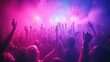 © mashimara - A packed crowd enjoying a concert with a stage filled with pink and blue smoke, creating an energetic atmosphere. Concept: Music, excitement, and unity.