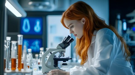 Poster - Red-haired woman in a lab coat looking through a microscope
