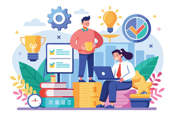 Poster - a professional workspace features individuals engaged in activities like brainstorming, planning, an