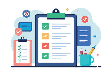 Poster - a customizable illustration features team checklists, planning tools, and productivity items on a wo