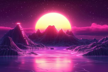 Wall Mural - Neon Sunset Over a Mountain Range in a Purple and Pink Sky