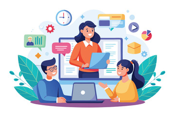 Poster - A webinar setting shows a presenter engaging with participants using digital tools and visuals, Customizable semi flat illustration for webinars