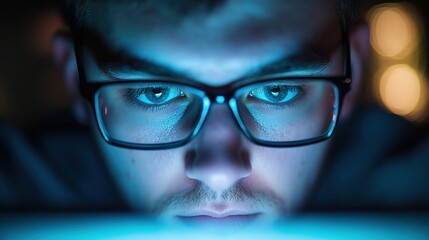 Poster - A close-up view of a focused individual wearing glasses, intensely staring at a screen, illuminated by soft blue light.