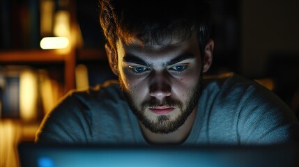 A focused man intensely looks at a laptop screen in low light, highlighting the importance of technology in modern life.