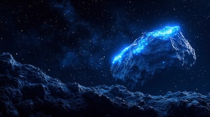 Wall Mural - Glowing blue asteroid floating in space with starry sky background