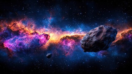 Wall Mural - Asteroids floating through a colorful cosmic nebula in deep space