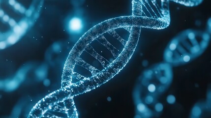 Close-up of glowing dna strands on a dark blue background