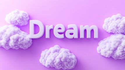 Purple dream concept with fluffy clouds and 3d typography on display