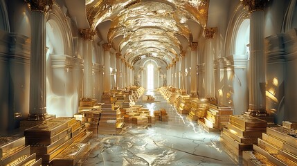 Poster - A luxurious and gold bar-filled giant mysterious underground palace. Generative AI.