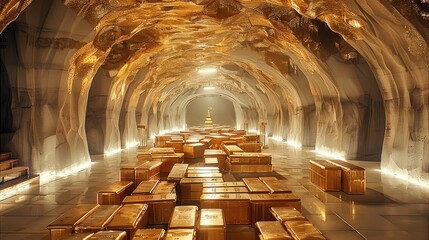 Poster - A luxurious and gold bar-filled giant mysterious underground palace. Generative AI.
