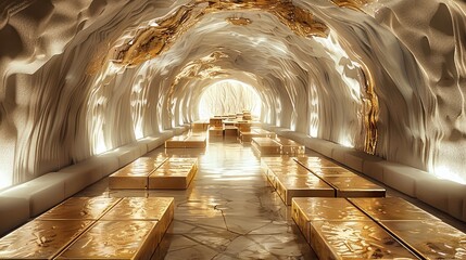 Poster - A luxurious and gold bar-filled giant mysterious underground palace. Generative AI.