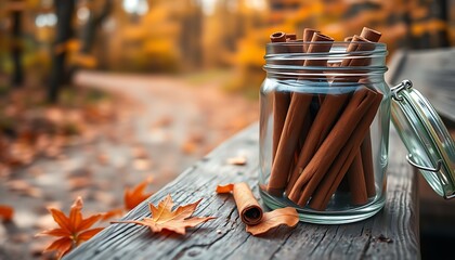 Wall Mural - A close-up of a clear glass jar filled with cinnamon sticks, set on a rustic wooden bench.