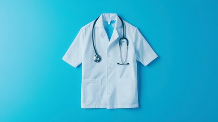 Short-sleeved white medical coat with stethoscope on blue background