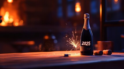 Sparkling bottle with the year 2025 and festive atmosphere around it