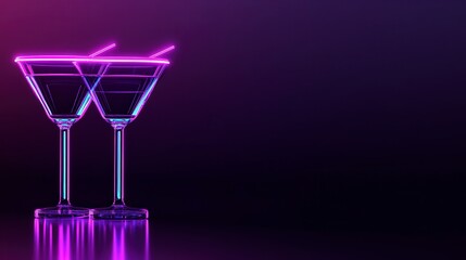 Two neon-lit cocktail glasses with a dark purple background for parties