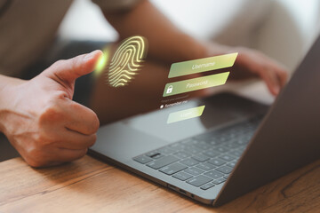 Poster - User log into a system using biometric fingerprint authentication on laptop, highlighting secure login methods, interface show username and password field, cybersecurity and user identity protection.