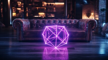 Sticker - Glowing geometric shape illuminates dark room with vintage leather sofa