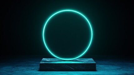 Wall Mural - Glowing neon circle on dark background with marble pedestal