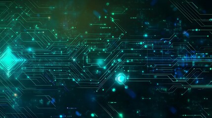 Poster - Abstract digital circuit board with glowing green lines and dots on a dark background